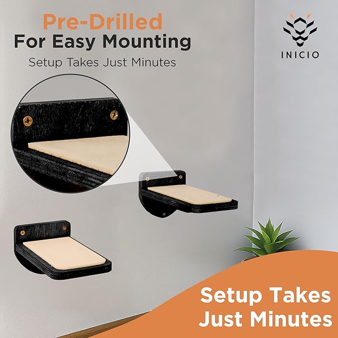 INICIO Cat Wall Stairs - Set of 3 Wall Steps for Cats to Climb with Fixtures, 9.3"x4.7" - Floating Steps for Climbing or Playing - for Kittens and Adult Cats, Black