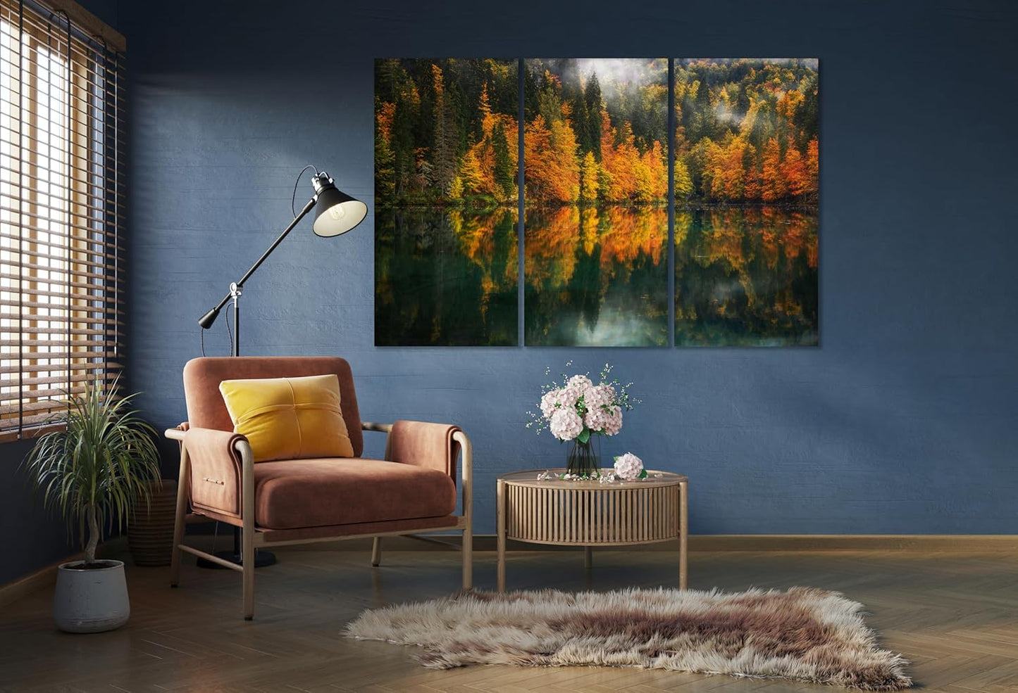 Nature Wall Art Prints - Ocean Forest Mountain Lake Canvas Landscapes - Small to Extra Large Living Room Bedroom Kitchen Bathroom Décor (Autumn by the Lake, 55L" x 83W"- 3 Panels)