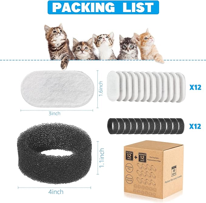 Cat Water Fountain Filters, 24 Pack Cat Fountain Filters, Cat Fountain Replacement Filters for 67oz/2L&108oz/3.2L Stainless Steel Cat Water Fountain, Pet Water Fountain Filters (12 Filters&12 Sponges)