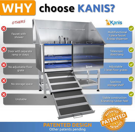 KANIS Professional Dog Washing Station - 304 Stainless Steel Pet Wash Sink & Grooming Bath Tub for Home with Ramp, Shower, Floor Grate, Storage Shelf, Faucet, Drain Kit for Large, Medium & Small Pets
