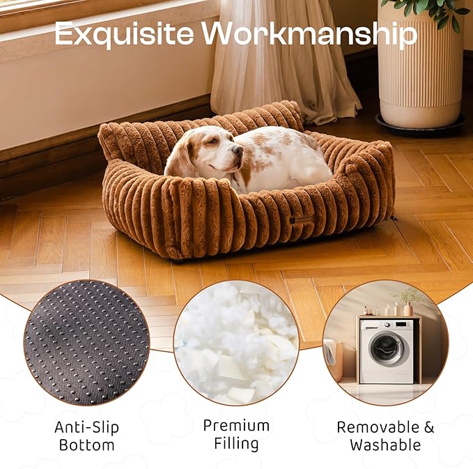 MEWOOFUN Dog Couch Bed, Fluffy Small Dog Bed with Removable Washable Cover, Supportive Cat Couch for Cats & Dogs up to 25 lbs (Brown, 30x21x12)