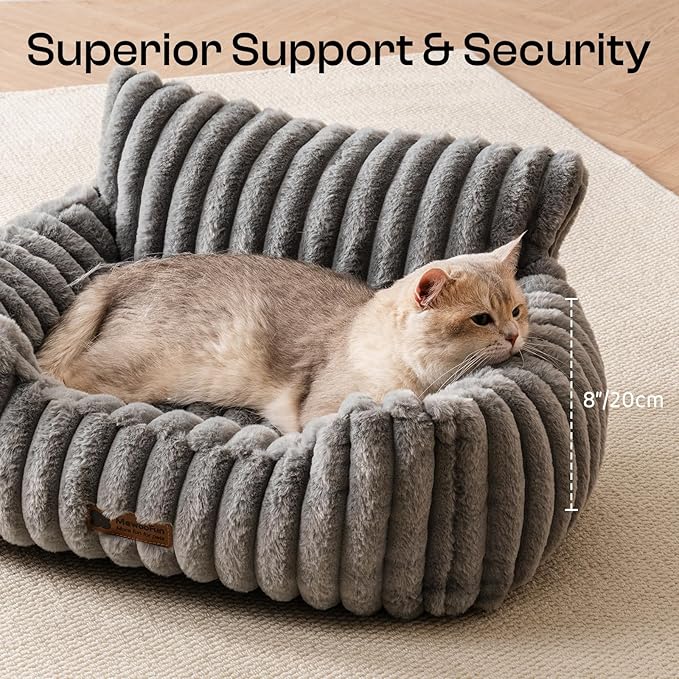 MEWOOFUN Cat Beds for Indoor Cats, Fluffy Cat Couch with Removable Washable Cover, Supportive Small Dog Beds for Puppy & Kitten up to 15 lbs (Grey, 24x19x12)