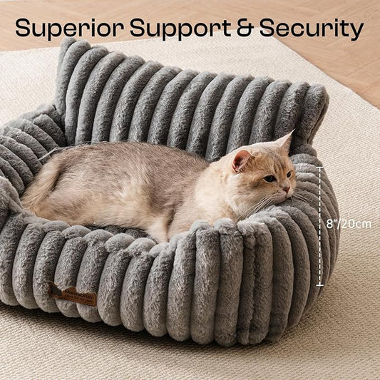 MEWOOFUN Cat Beds for Indoor Cats, Fluffy Cat Couch with Removable Washable Cover, Supportive Small Dog Beds for Puppy & Kitten up to 15 lbs (Grey, 24x19x12)