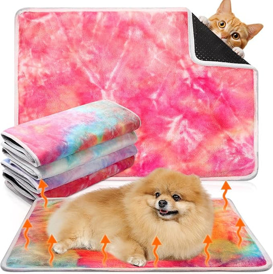 4 Pack Self Heating Cat Bed Cat Self Warming Pad with Removable Cover Extra Warm Thermal Pet Pad Washable Pet Crate Mat Anti Slip Kennel for Indoor Outdoor Pets(Tie Dye,20 x 28 Inches)