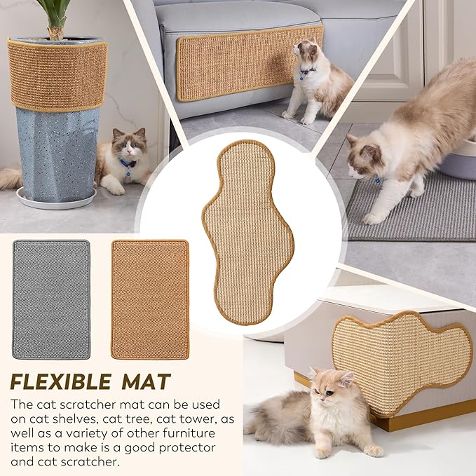 Cat Scratcher Mat with Sticky Tapes, 23.6" x 15.7" Sisal Cat Scratching Carpet for Indoor Cats, Horizontal Cat Scratcher for Cat House, Scratching Posts, and Couch Protection(Camel)