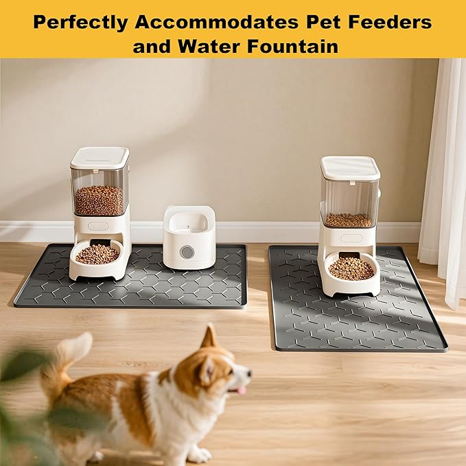 Pieviev Dog Cat Food Bowl Mat, Silicone Waterproof Food Grade Pet Food Mat for Floor, High Raised Edge to Prevent Spills, Non-Slip & Easy Clean Pet Placemat for Dog & Cat Bowls, 24''x16'', Dark Gray