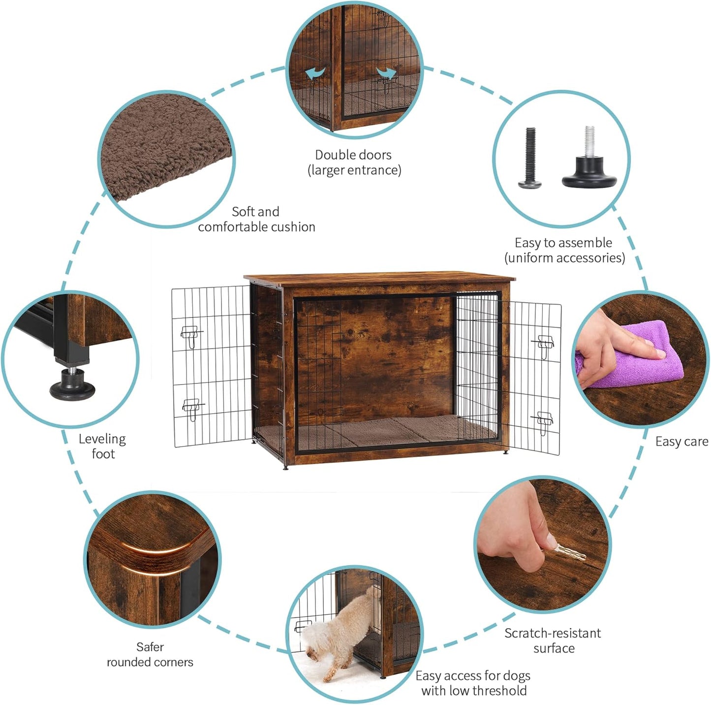 DWANTON Dog Crate Furniture with Cushion, Wooden Kennel Table with Double Doors, Indoor Dog House, Extra Large Size, 43.3" L, Rustic Brown