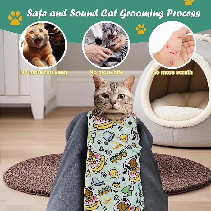 Cat Wrap for Cutting Nails and Grooming(27"x27"),Cat Restraint Wrap for Nail Clipping, Self-Adhesive Fabric Cat Swaddle Burrito Wrap for Nail Trimming (Cow Style)