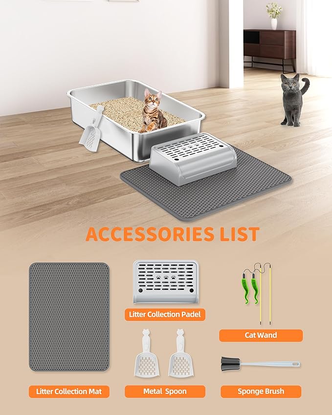 Stainless Steel Litter Box Set- [6-in-1] Large Cat Litter Box with Peadl, Mat, Scoop, Brush, Cat Wands, Non-Sticky Metal Litter Box for Cat, Kitty, Odorless, Easy Clean (23.6"x15.7"x6", 2 Pack)