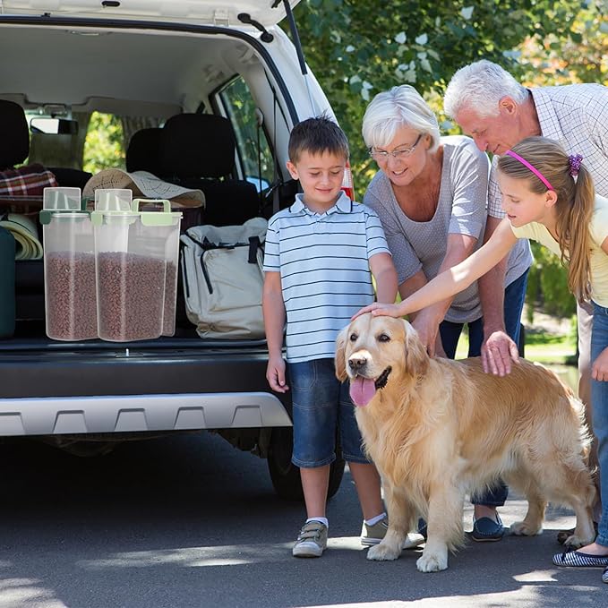 Dog Food Storage Container, Upgraded Large Nozzle BPA-free, 8-12 LBS Plastic Pet Food Storage Containers, With 4 Sealed Clasps, 1 Measuring Cup and Handle (2, Green+Dark Green, 5L)