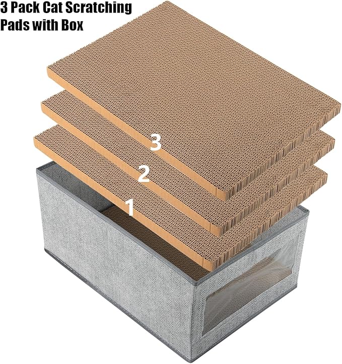 Kichwit Large Cat Scratching Pads, 3pcs Cat Scratcher Cardboard with a Box, Reversible Cat Scratching Board,16.5" x 11.7" (Large)