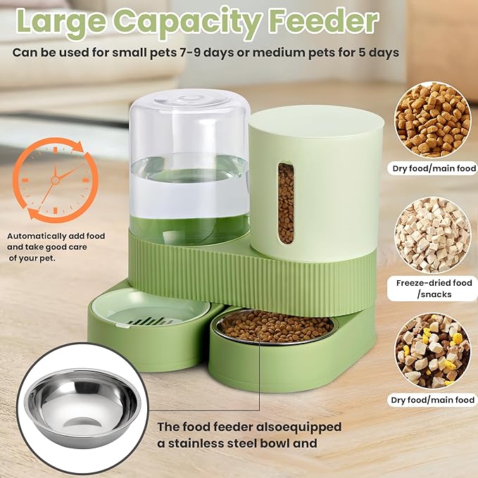 Automatic Dog Cat Water Dispenser Gravity Feeder and Water Dispenser Stainless Steel 2-in-1 Set Large Capacity Dispenser for Pets Dogs, Puppies, Kittens（Green）