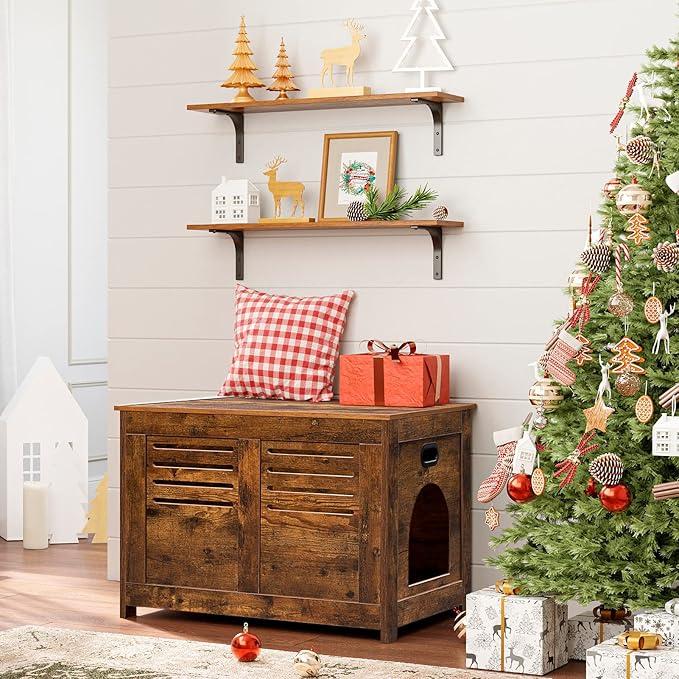 DINZI LVJ Litter Box Enclosure, Flip Top Litter Box Furniture with Good Ventilation, Hidden Cat Washroom, 27.6" L x 19.7" W x 19.7" H, Entrance Can Be on Left or Right, Wooden Cat House, Rustic Brown