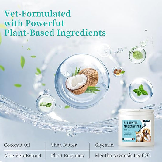 Dog Teeth Cleaning Wipes, Cat & Dog Toothbrush Brushing Kit, Dog Tooth Finger Dental Wipes to Remove Tartar & Plaque, Plant-Based Care Disposable Pet Wipes (50 Count, Uncented)