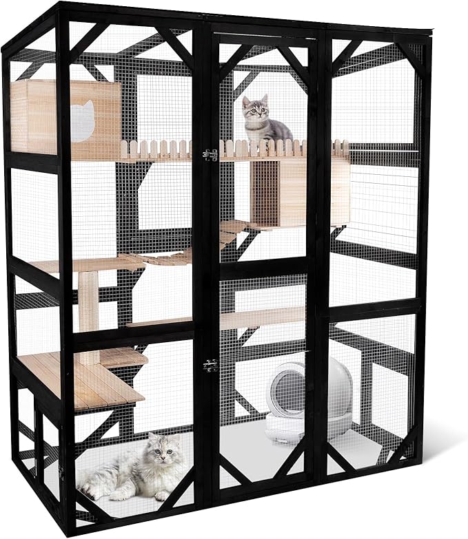 Large Catio Outdoor Cat Enclosure Window 73" H Walk-in Cat House Kitty Cage for Multiple Indoor Outdoor Cats Outside Patio with 5 Access Doors Waterproof Roof