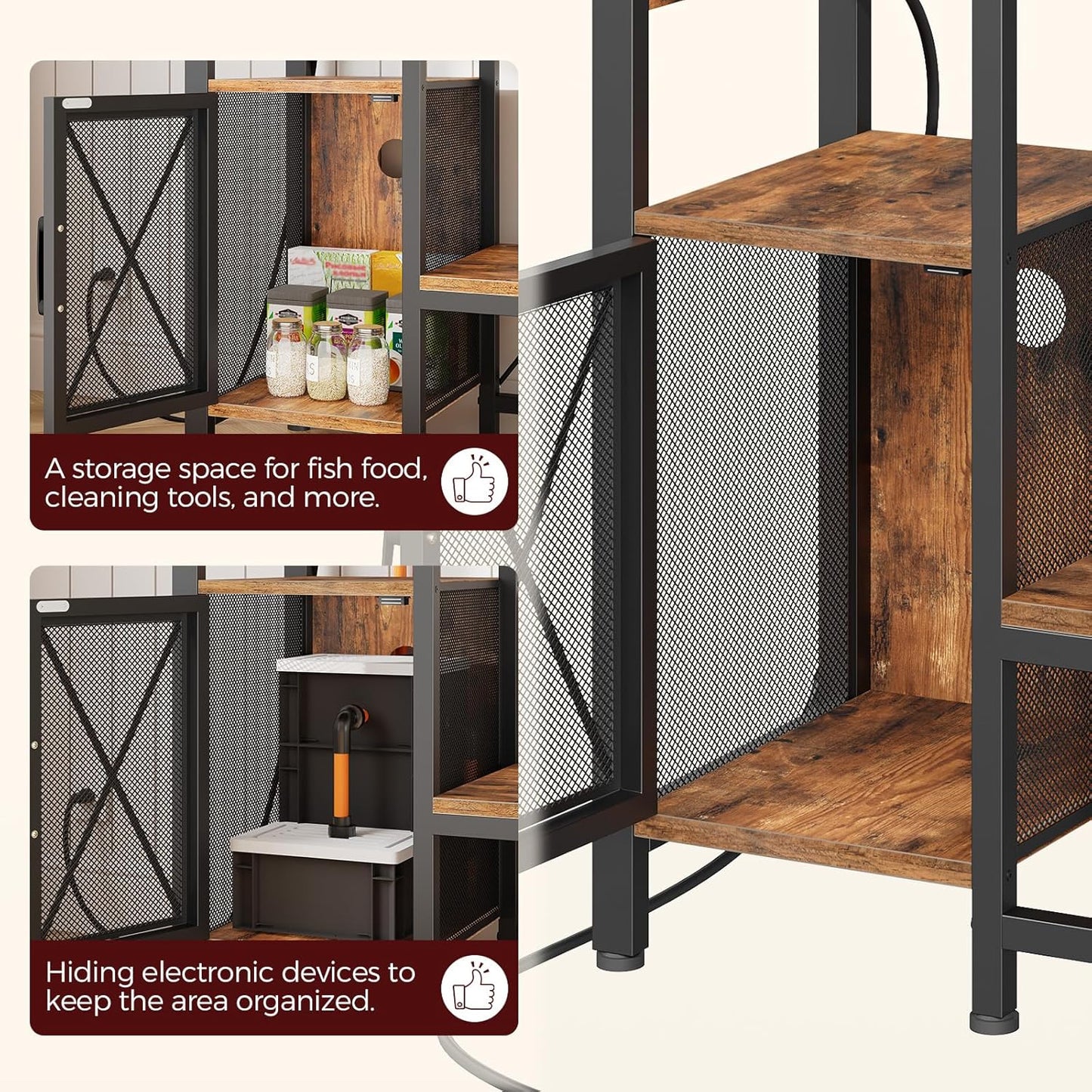 20-37 Gallon Fish Tank Stand, Aquarium Stand with Power Outlet and Storage Cabinet, Heavy Duty Tank Stand Suitable for Turtle Tank, Reptile Terrarium, for Home Office, Rustic Brown FTHR40E01