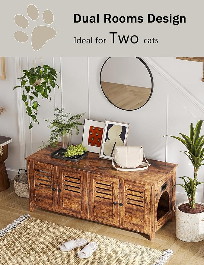 DINZI LVJ Litter Box Enclosure for 2 Cats, Hidden Litter Box Furniture with Double Rooms, Dual Cat Litter House, Front Doors, 47.2" Wooden Hidden Cat Washroom, Side End Table, TV Stand, Rustic Brown