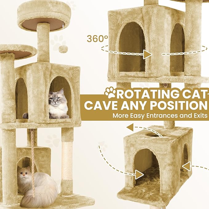 58.5inch Large Cat Tree Tower Condo for Indoor Cats, Soft Plush Multi-Level Climbing Tree Cat House with 1 360° Rotating Cat Cave, Scratching Post, More Entrance/Exit, Sisal Rope, Light Yellow