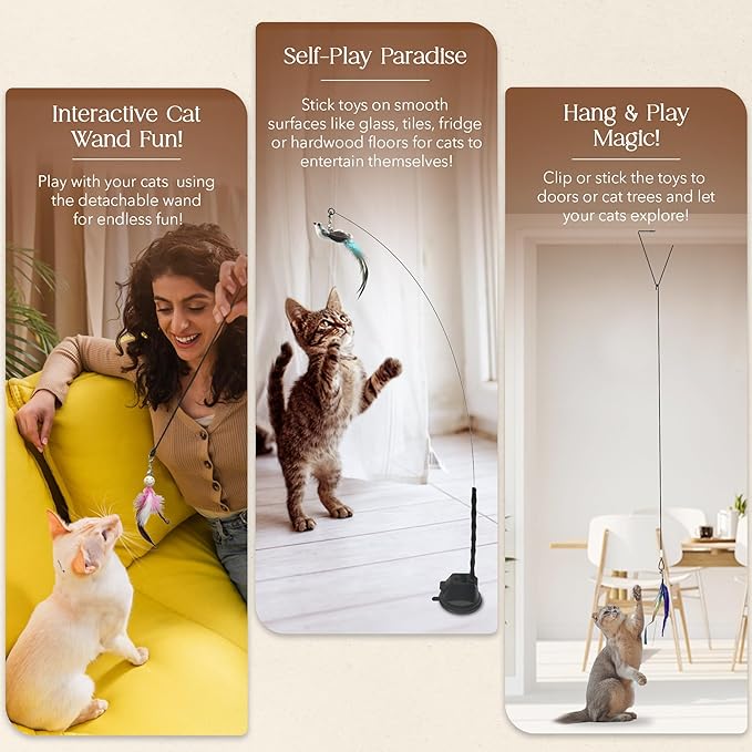 Interactive Bird Simulation Cat Feather Toy Set - Suction Cup Cat Toys for Indoor Cats, Natural Feathers, Bells & Easy Clip-On, Perfect for Indoor Cats - 2 Free Pads, Suctions to Ground