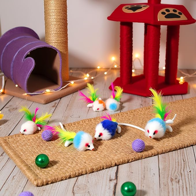 10 Pcs Colorful Soft Fleece False Mouse Cat Toys Colorful Feather Funny Playing Mice Toy Xmas Gifts