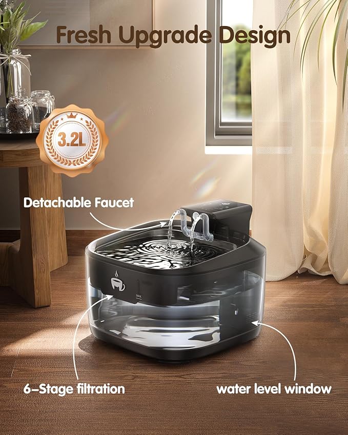 Wireless Cat Water Fountain, 108oz/3.2L Cat Water Fountain Battery Operated with 3 Modes, 5000mAh Battery, Ultra Quiet Motion Sensor Pet for Cats, Black