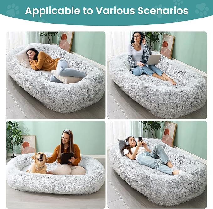 JOLLYVOGUE Human Dog Bed for Adults and Pets, Ultra-Soft Plush Giant Dog Bed with Egg Crate Foam, Non-Slip Base, and Machine Washable Cover - Ideal for Relaxation and Napping, Light Grey