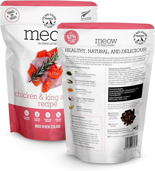 Meow e - Chicken & King Salmon Recipe, Dry Cat Food Use as a Complete Diet, Topper, Mixer, or as Cat Training Treats, All Life Stages, 3.5 oz