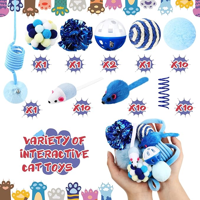 46 Pcs Cat Toys Set Interactive Cute Cat Toys Include Fur Mice Rattle Springs Crinkle Balls Pompom Bell Sisal Ball Puzzle Chase Toys for Kitten Indoor Stuff Gift(Blue)