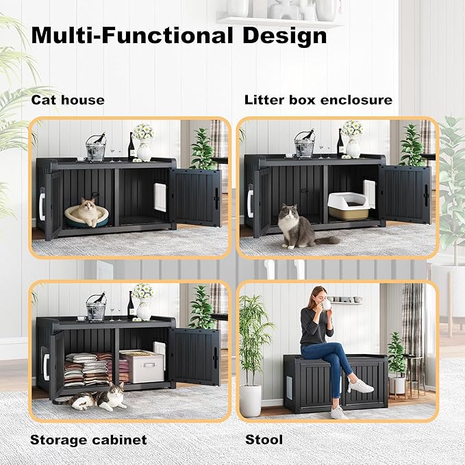 Cat Litter Box Enclosure Resin Hidden Cat Litter Box Furniture Multi-Functional Double Door Spacious Odorless Waterproof UV-Resistant Indoor Outdoor Use Black