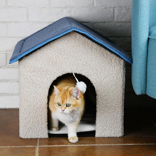 Foldable Cat House with Plush Hanging Ball - Cozy Cottage-Style Pet Bed, 18.9"x17.7"x17.3" Off-White | Slanted Roof & Arch Door for Indoor Kittens