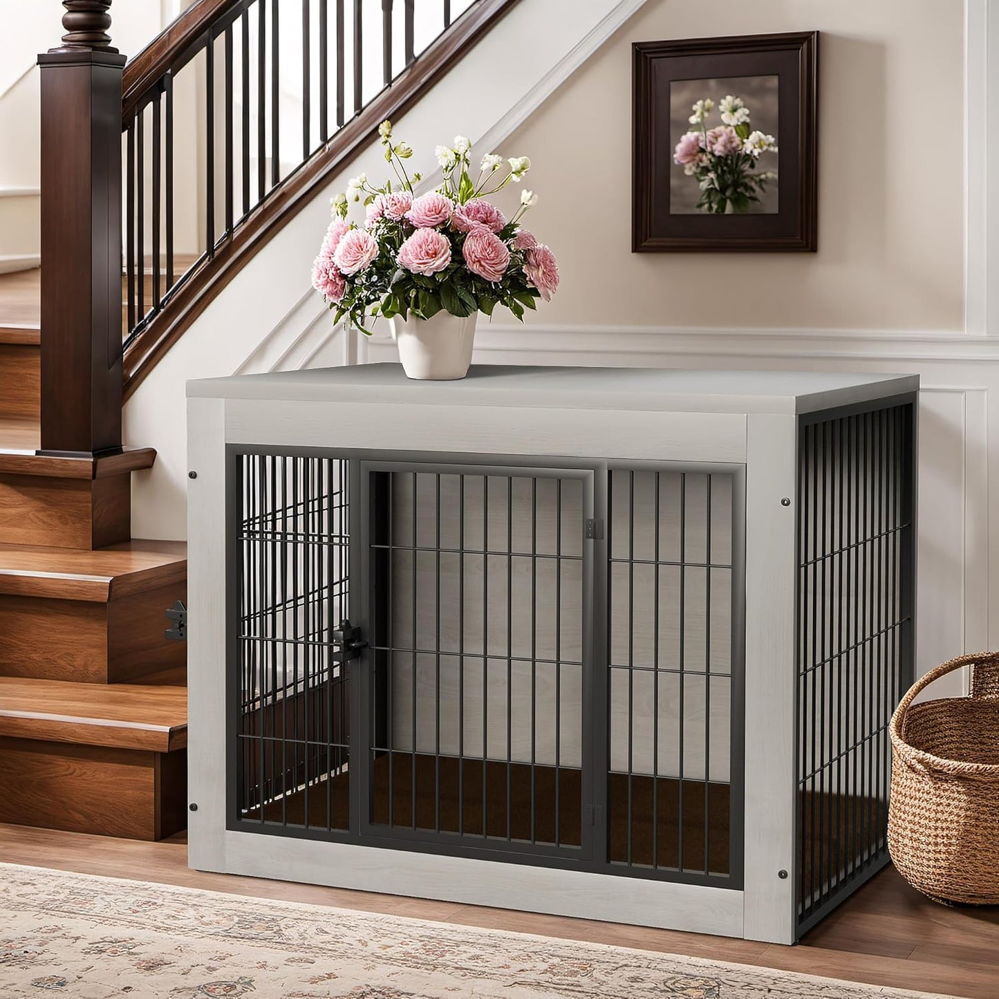 Bigrab Dog Crate Furinture with Thick Cushion, Side End Table Wooden Dog Cage with Double Doors, Chew-Resistant Dog Kennel Dog House Indoor for Small to Large Dog, M (Grey)