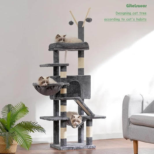 Cat Tree, Multi-Level Cat Tower for Indoor Cats, Cat Condo with Cat Scratching Post and Board, Cat Hammock, Smoky Gray GCT011G