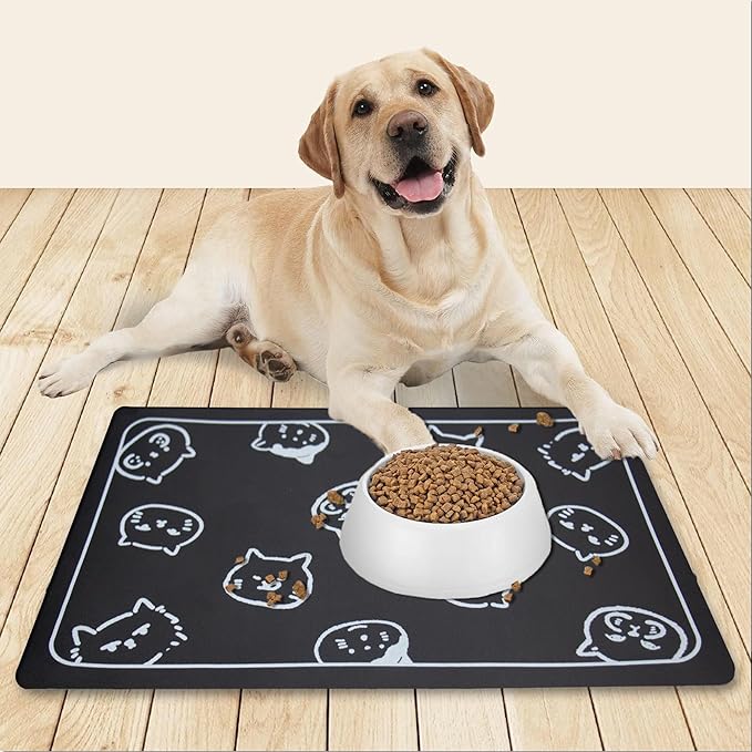 YCT Cat Food and Water Mat for Pets - Non-Slip Super Absorbent Dog Bowl Mat With Multiple Cat Heads Logo - 24 x 16.9 Inches, Dark Grey