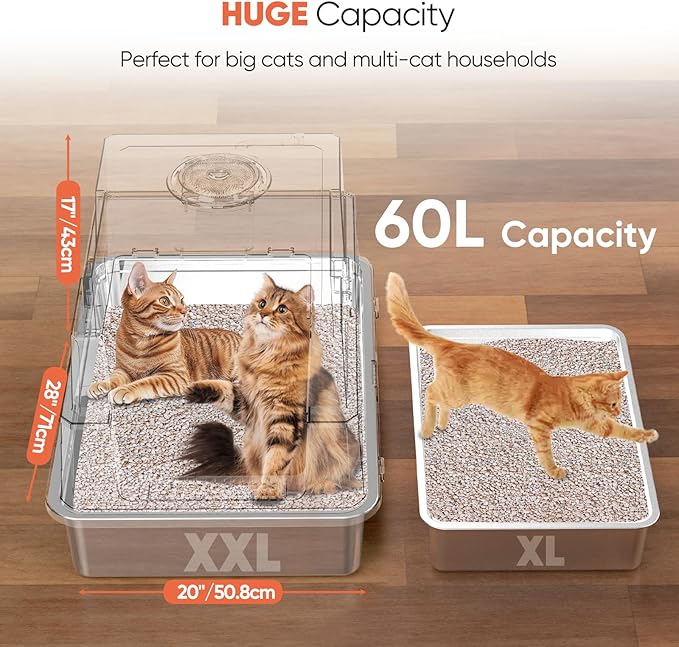 ELEGX XXXL Extra Large 28" L×20" W Odor-Control Stainless Steel Cat Litter Box, 4-in-1 Cat Metal Litter Box Set,Enclosed Removable Metal Litter Box with High Sided Enclosure,Mat & Scoop