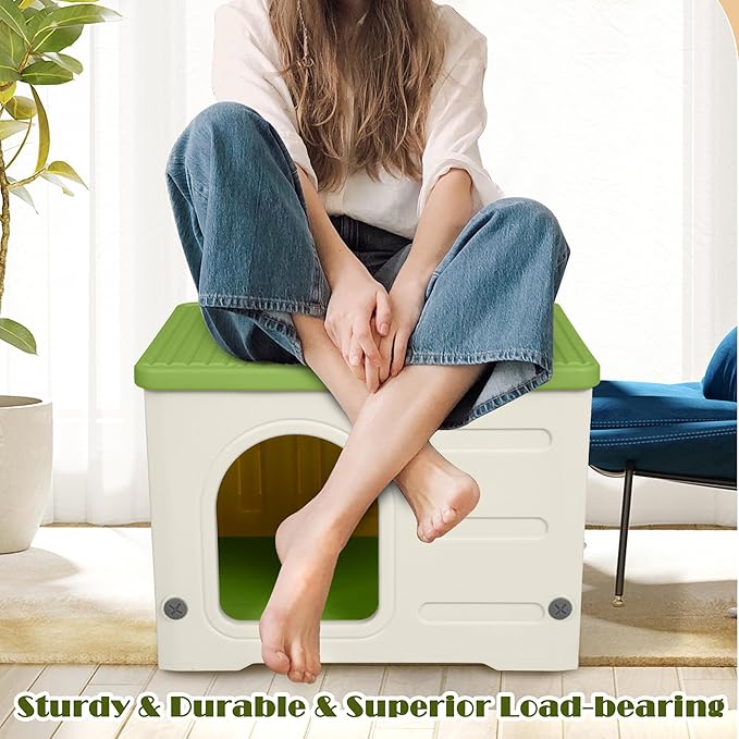 Plastic Cat House for Outdoor Indoor Use, Stackable Feral Cat Shelter Indoor Cat House Insulated Weatherproof Waterproof -Green