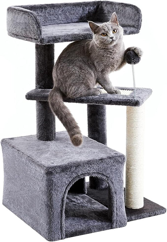 Made4Pets Cat Tree, Multi-Level Small Cat Tower for Indoor Cats, 29" Tall Cute Kitten Scratcher Condo with Sisal Scratching Post and Pad Steps, Plush Cat Cave with Pom-Pom for Small Kitty, Dark Grey