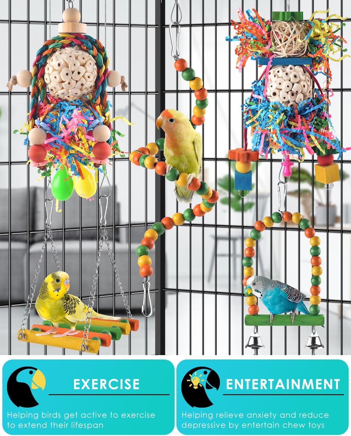 Bissap Conure Toys, 5 PCS Parrot Foraging Shredder Hanging Toys Sola Balls with Sand Hammer Perch Swing Climbing Ladder for Small Parrots Parakeets Conures Cockatiels Love Birds Cage Toy