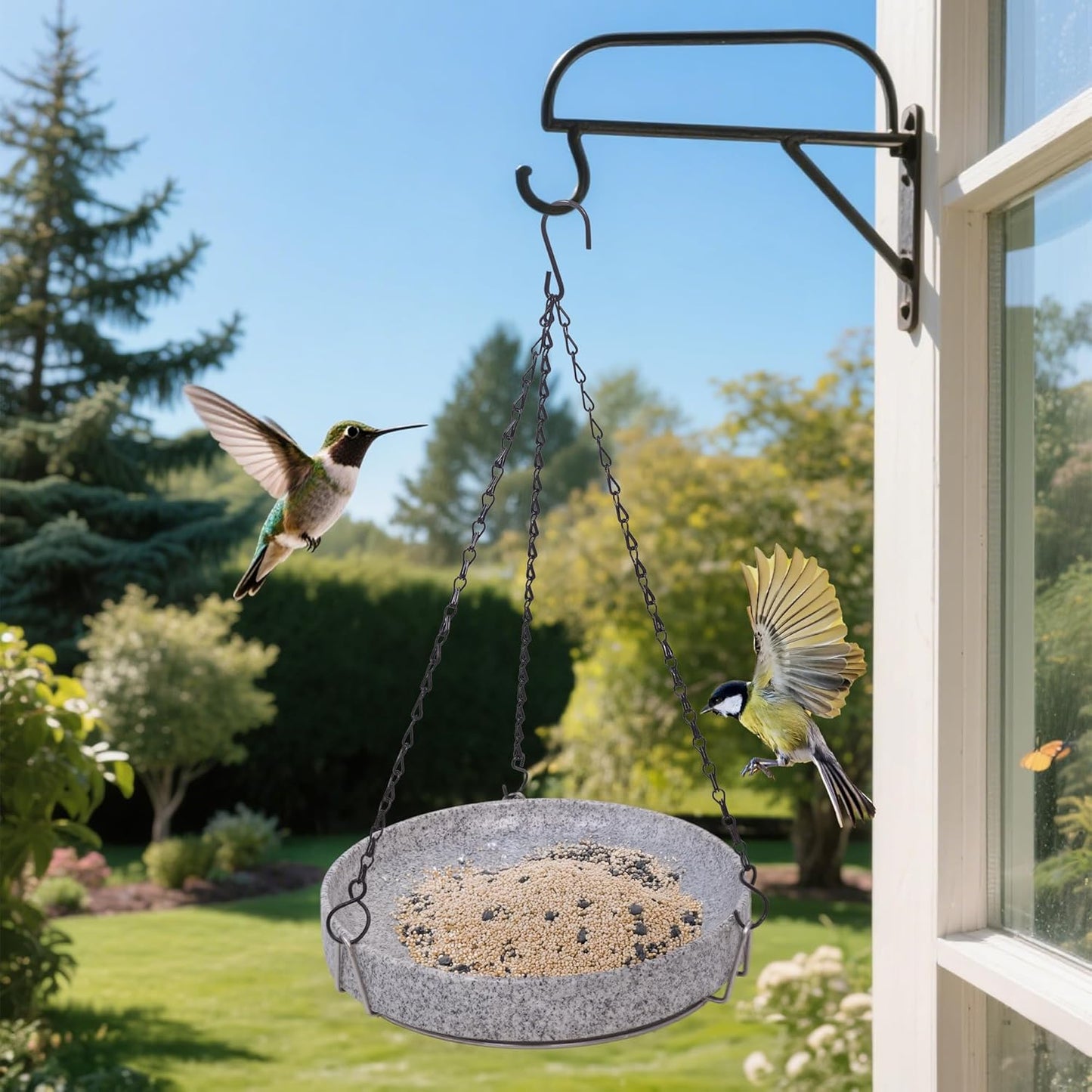 Stone Bird Baths for Outdoors,10inch Birds Bath Bowl with Hanging Accessories,Ground Bird Feeders and Birdbath Bowl, Bird Water Bowl for Balcony, Patio, Garden or Yard,Grey White