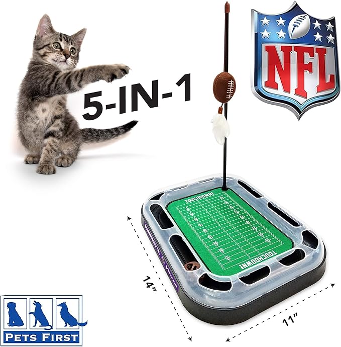 Pets First Cat Ball Bell Minnesota Vikings Football Field CAT Scratcher Toy with Catnip Filled Plush Football Toy & Feather Cat Toy Hanging, Jingle Bell Interactive Ball Cat Chasing 5-in-1 Kitty Toy
