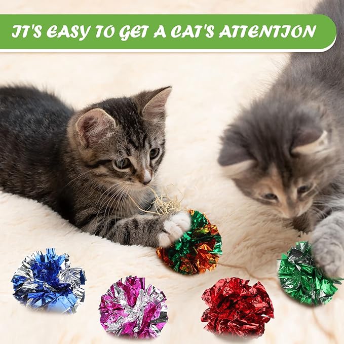 Silkfly 100 Pcs Polyester Film Crinkle Balls Cat Interactive Toys 2.36 Inch Colorful Chew and Chase Cat Ball Toys Attract Kittens for Indoor Keep Fit Active