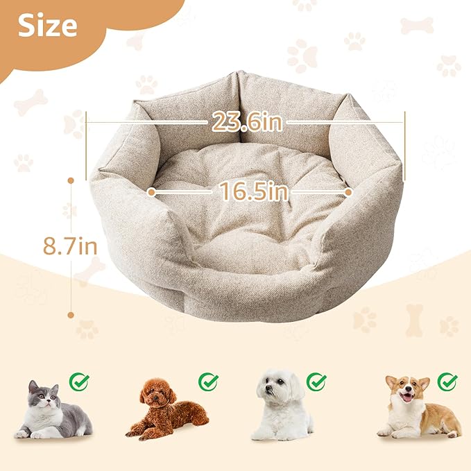 Washable Round Cat Beds for Indoor Cats,Dog Bed for Extra Small Dogs,Pet Sofa for Puppy and Kitty,Soft but Firm Year-Round Comfortable Pet Sofa with Non-Slip Bottom Beige 24 inches