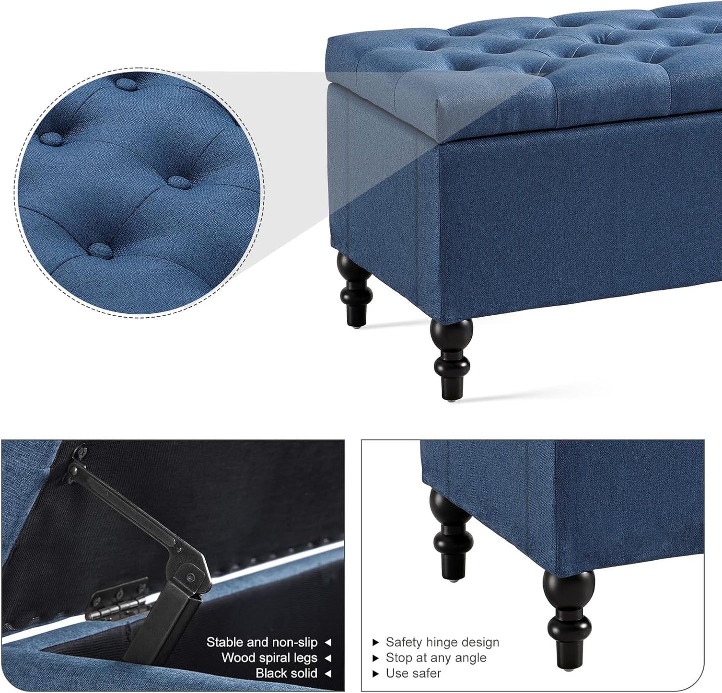 Ottoman with Storage,50.2-inch Upholstered End of Bed Storage Bench for Bedroom,for The Living Room,for Entryway, with Button and Safety Hinges,Detachable (Blue)