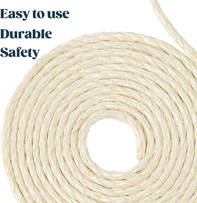 Natural Sisal Rope for Cat Scratcher 1/4 Inch by 200 Feet, Cat Tree Rope Twine for Cat Scratching Post Replacement, Cat Tower with Scratch Post Repairing, Replace, Recovering and DIY, White
