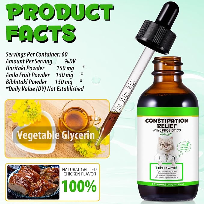 Cat Constipation Relief, Liquid Cat Laxative 60 ml, Cat Stool Softener Pet Herbal Supplements, Promotes Digestive Health, Roast Chicken Flavour, 2 fl oz