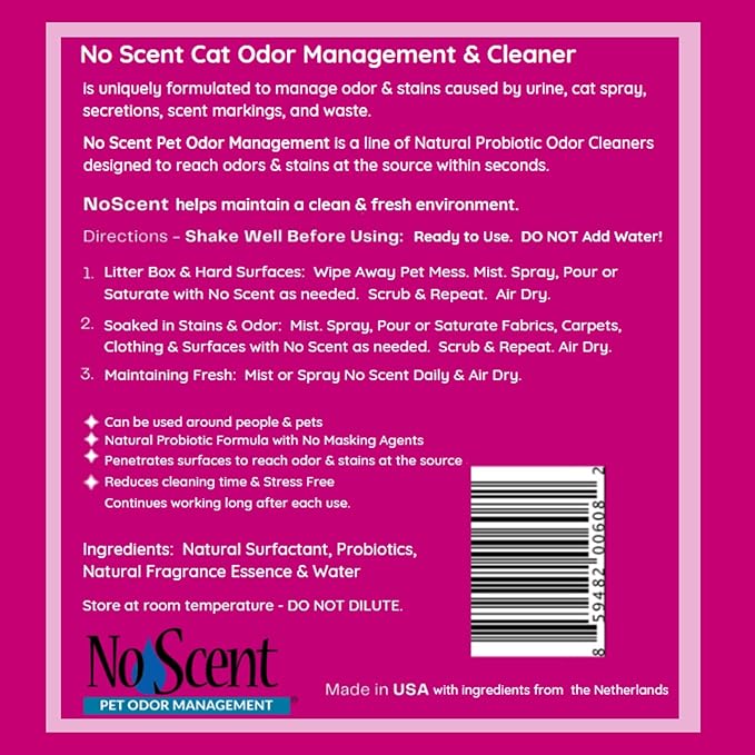 No Scent - Cat Litter Box Cleaner - 8 Fl Oz (236 mL) - Odor & Stain Remover with Probiotic Formula - Freshener for Furniture, Fabric, Hard Surfaces & Car
