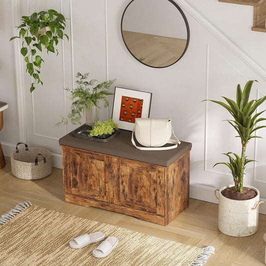 DINZI LVJ Shoe Bench, Entryway Storage Bench with Doors, Cushion, 2-Tier Shoe Rack with 6-Cubby, 31.5”L x 13.8”W Shoe Organizer Cabinet, Adjustable Shelf, Living Room, Bedroom, Rustic Brown