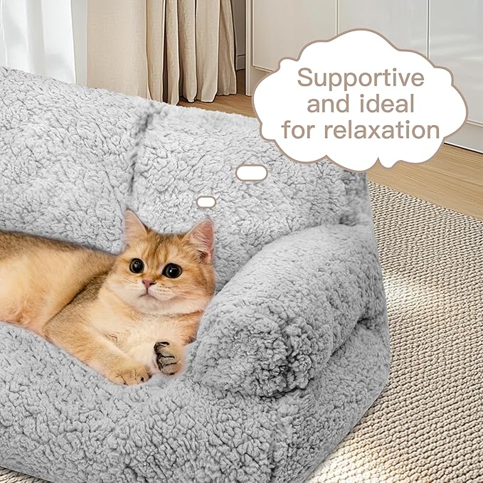 Cat Couch Bed - Cat Bed for Indoor Cats, Calming Pet Sofa Puppy Sleeping Bed with Removable Washable Cover, Cute Dog Couch and Kitty Lounge Chair for 18lbs Cats & Small Dogs(Light Gray)