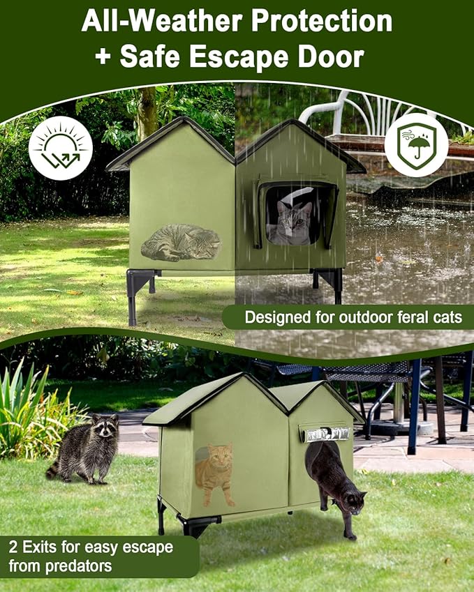 Outdoor Cat House Weatherproof, Insulated Cat Houses for Outdoor Cats, Large Outside Cat House, Waterproof Feral Cat Shelter with Escape Doors & Elevated Base, Easy Assembly