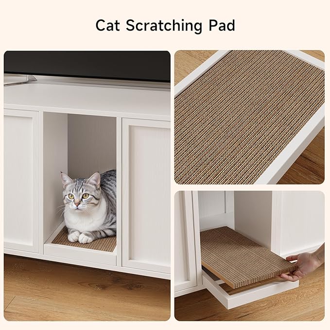 59 Inches Cat Litter Box Enclosure for 2 Cats, Hidden Litter Boxes Furniture with Cat Scratch Pad, Large Indoor Pet House with Double Room, Wooden TV Stand Side Table, Off White