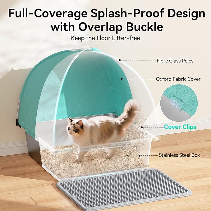 Extra Large 3-in-1 Enclosed Stainless Steel Cat Litter Box with Lid, High-Sided Oxford Cover, Metal Scoop, Odor Free, Leakproof & Easy-Clean Design